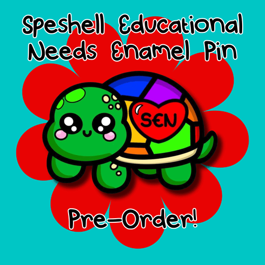 A red and blue graphic background with a rainbow shell kawaii cute style tortoise with pink cheeks and sparkling eyes in the middle. On its shell is a red heart with SEN in the middle. Above the tortoise reads 'speshell educational needs enamel pin' and underneath reads 'pre-order!'. The pin design is raising awareness for SEN Special Educational Needs.