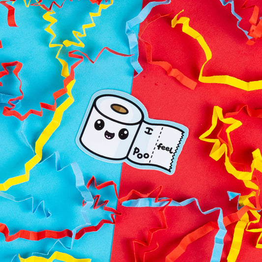 Innabox sticker featuring a cute toilet paper roll with 'I feel poo' written on the unrolled paper. A playful, relatable design surrounded by bright confetti, perfect for adding some lighthearted humour to your day.