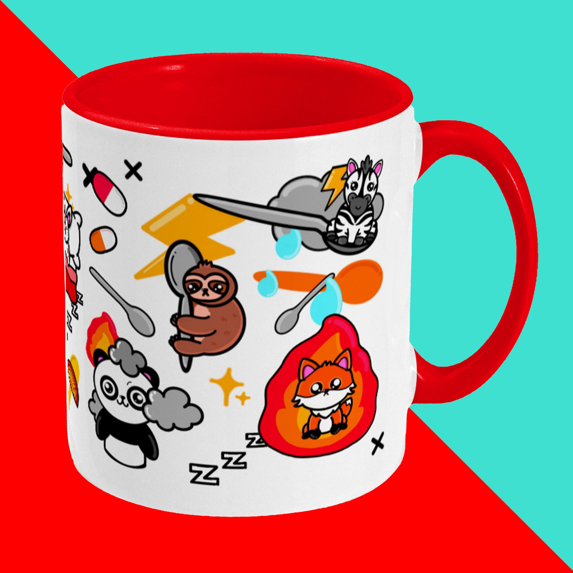 Spoonie Pattern Mug on a red and blue background. The white mug has a red handle and inside with various Innabox character illustrations on it. The hand drawn design is made to raise awareness for chronic and invisible illnesses
