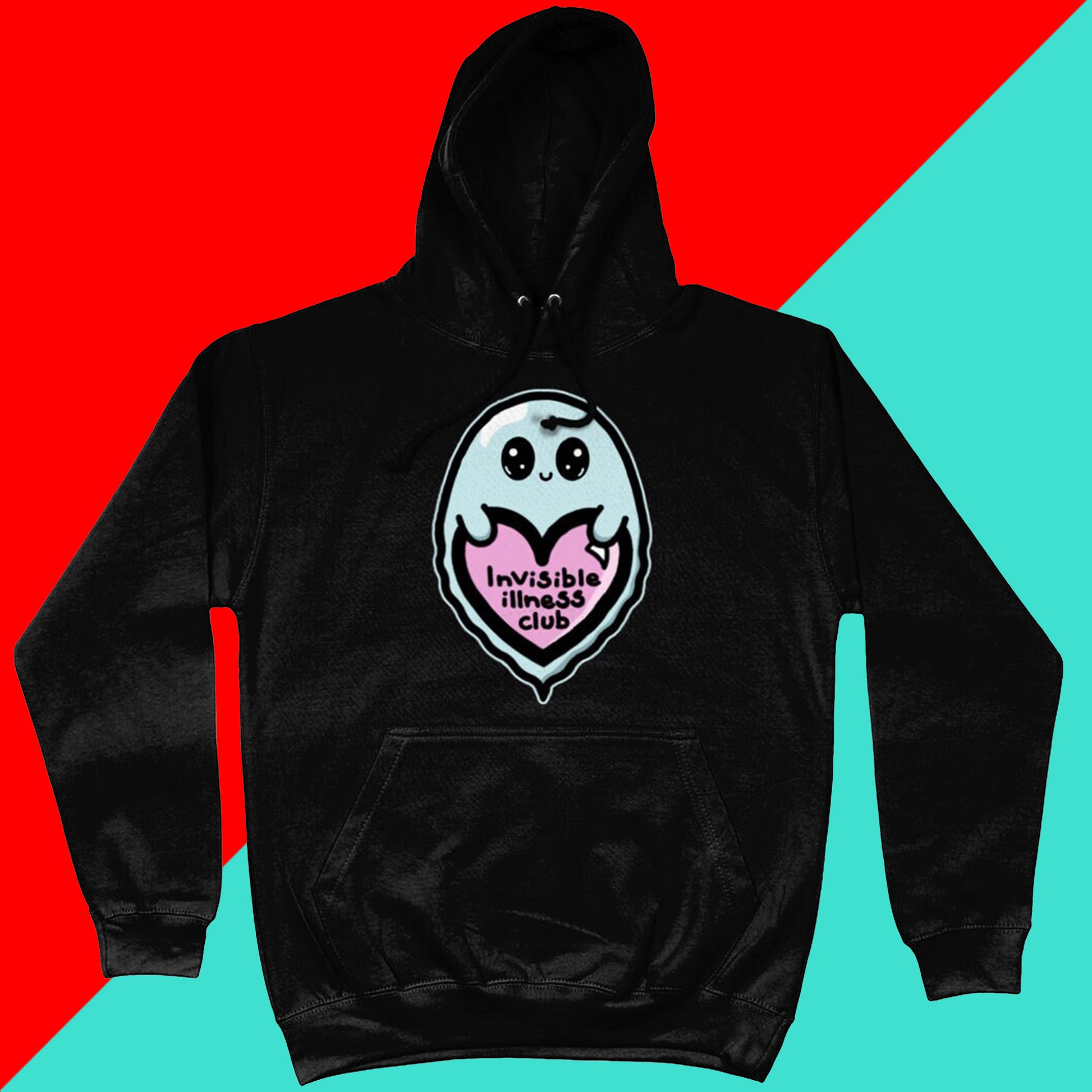 The Invisible Illness Club Black Hoodie on a red and blue background. The black hoodie has a pastel blue smiling ghost with big sparkly eyes holding up a pastel pink heart with black text reading 'invisible illness club'. The hoodie has a large front pocket and black drawstring hood. The hand drawn design is raising awareness for hidden disabilites.