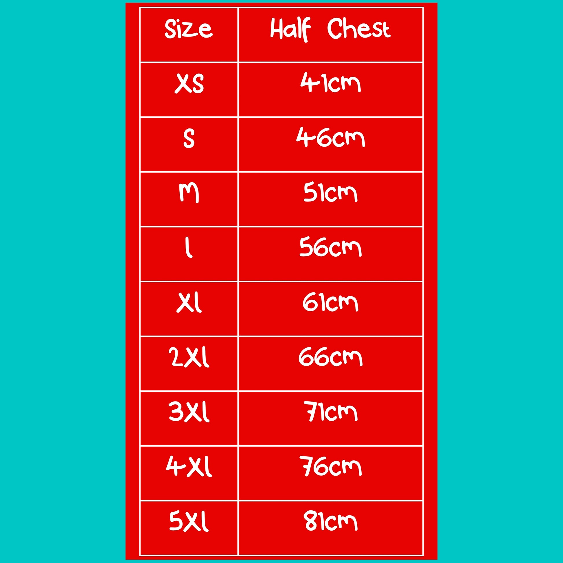 Innabox T-shirt size guide chart showing half chest measurements in centimetres from XS to 5XL. Inclusive sizing for unisex cotton T-shirts, ranging from 41cm to 81cm, designed for comfortable fit and accessibility.