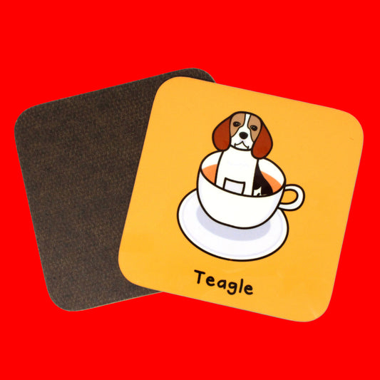 Teagle Coaster - Beagle shown on a red background. The orange wooden coaster has an illustration of a beagle dog sat in a cup with tea in it on top of a saucer. 'Teagle' is written underneath in black text.