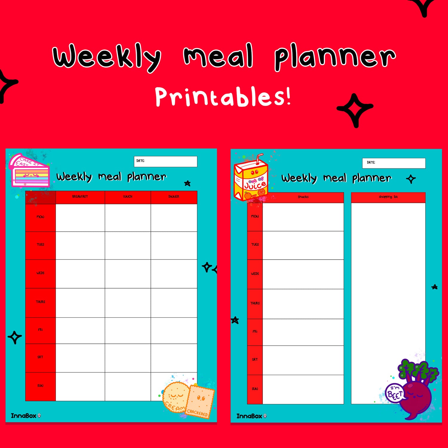 A graphic image saying weekly meal planner printable's with the teal page planner below with food drawings and a graph on