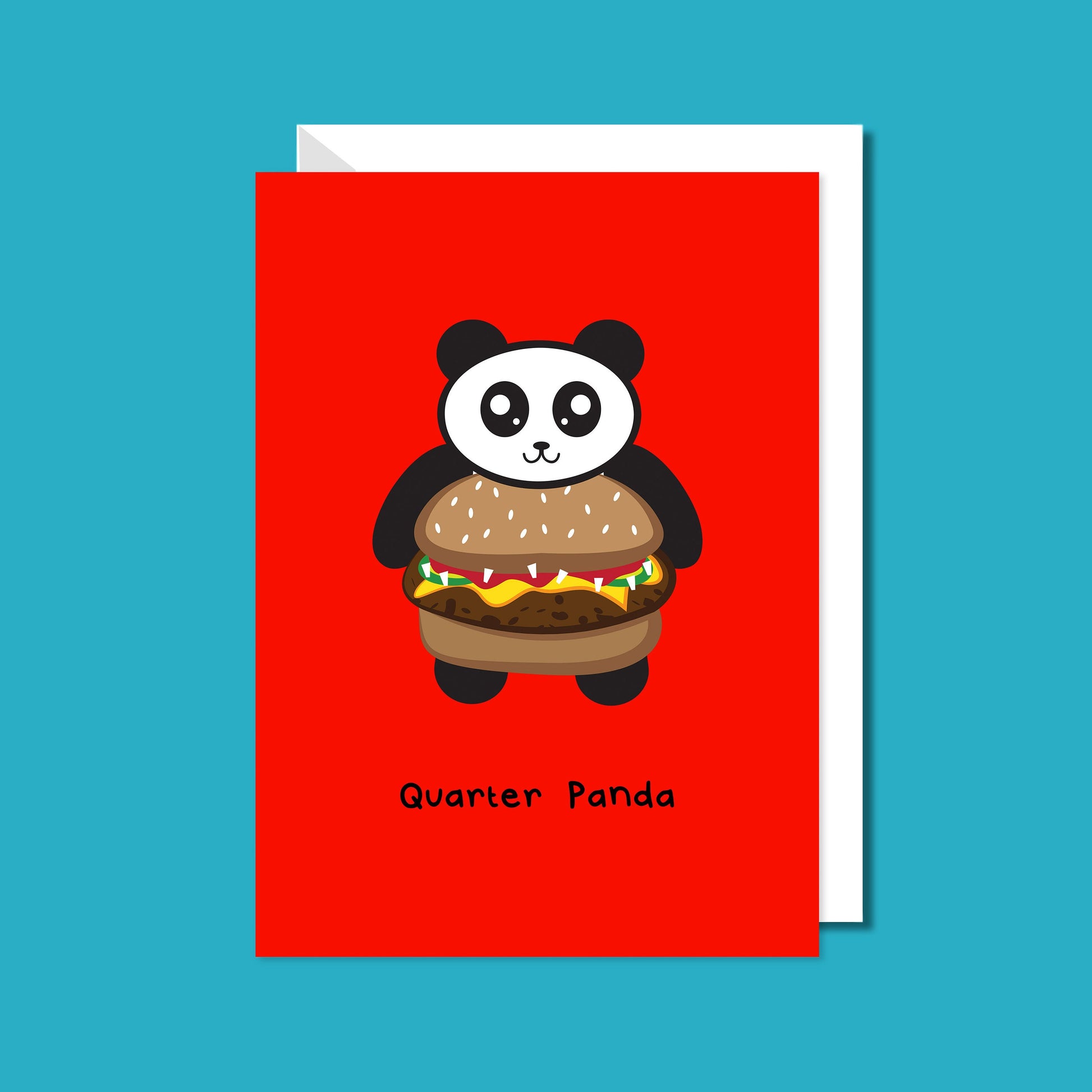 The Quarter Panda Burger Card on a blue background with a white envelope underneath. The red a6 greeting card has a smiling panda with its body being a seeded bun burger. Underneath in black reads 'quarter panda'.